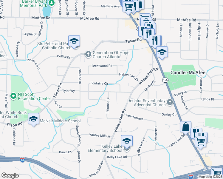 map of restaurants, bars, coffee shops, grocery stores, and more near 2283 Belmont Drive in Decatur