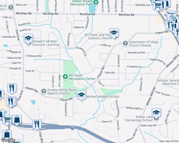 map of restaurants, bars, coffee shops, grocery stores, and more near 2229 Tilson Circle in Decatur