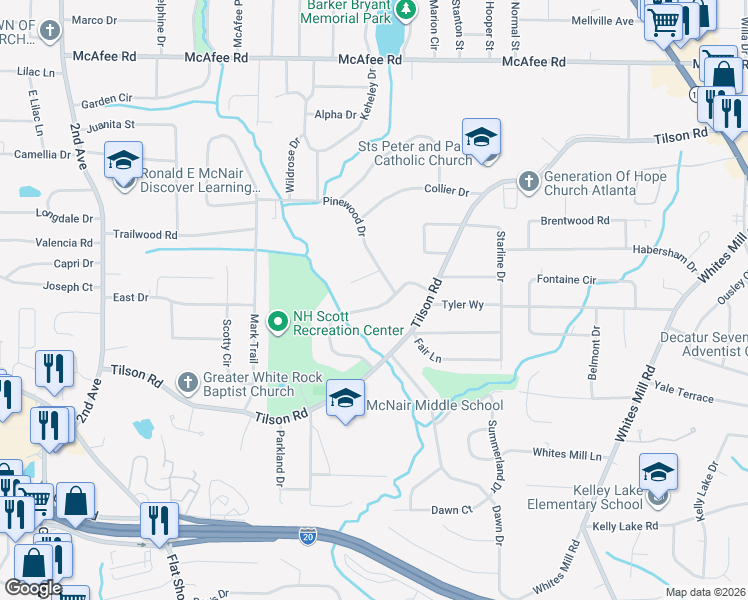 map of restaurants, bars, coffee shops, grocery stores, and more near 2263 Tilson Circle in Decatur