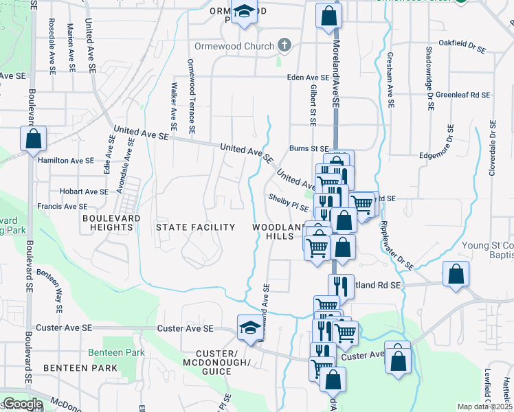 map of restaurants, bars, coffee shops, grocery stores, and more near 1149 Woodland Avenue Southeast in Atlanta