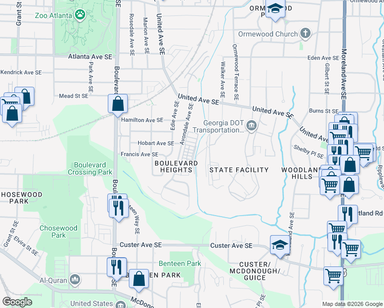 map of restaurants, bars, coffee shops, grocery stores, and more near 775 Aerial Way in Atlanta