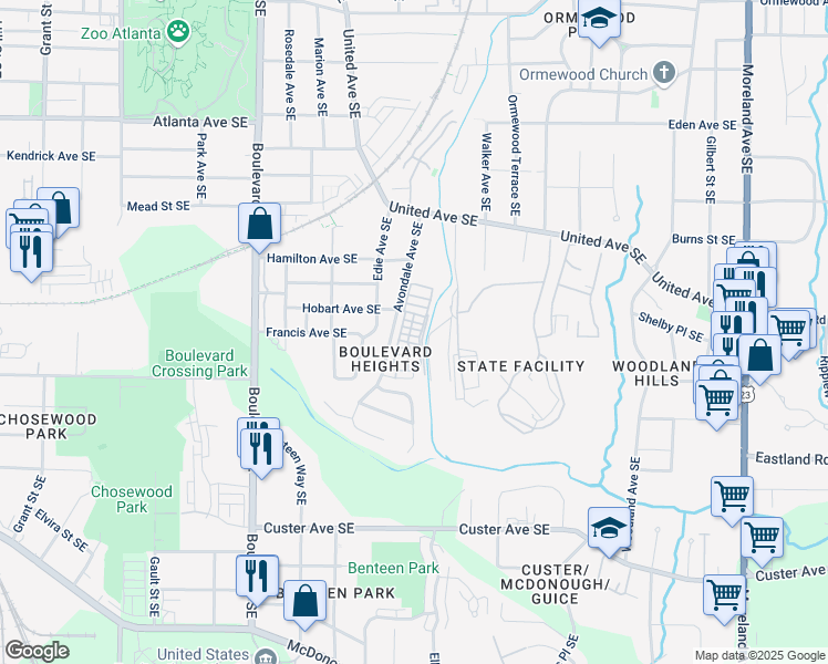 map of restaurants, bars, coffee shops, grocery stores, and more near 768 Aerial Way in Atlanta