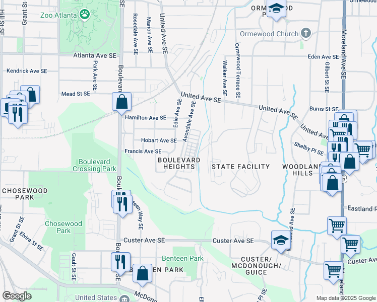 map of restaurants, bars, coffee shops, grocery stores, and more near 758 Aerial Way in Atlanta