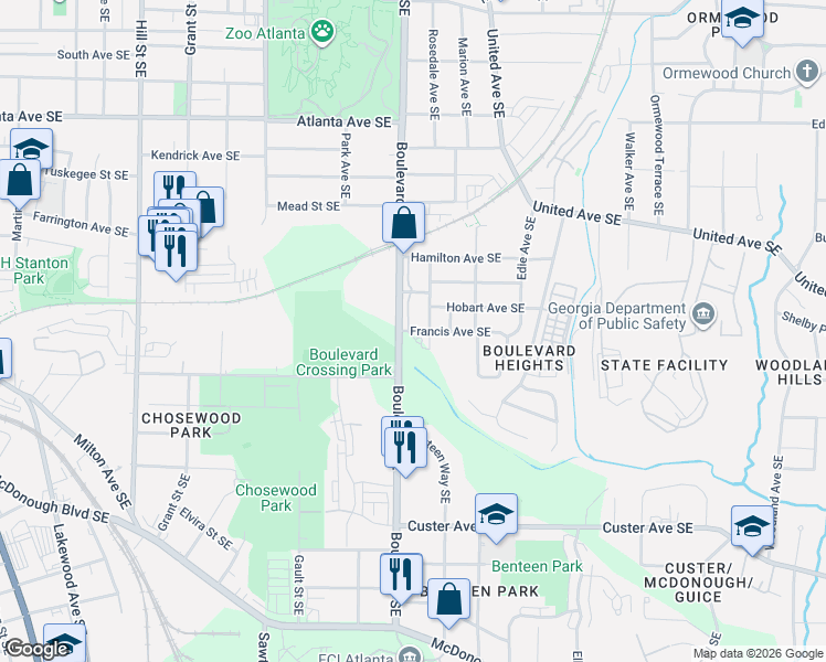 map of restaurants, bars, coffee shops, grocery stores, and more near 1168 Benteen Avenue Southeast in Atlanta