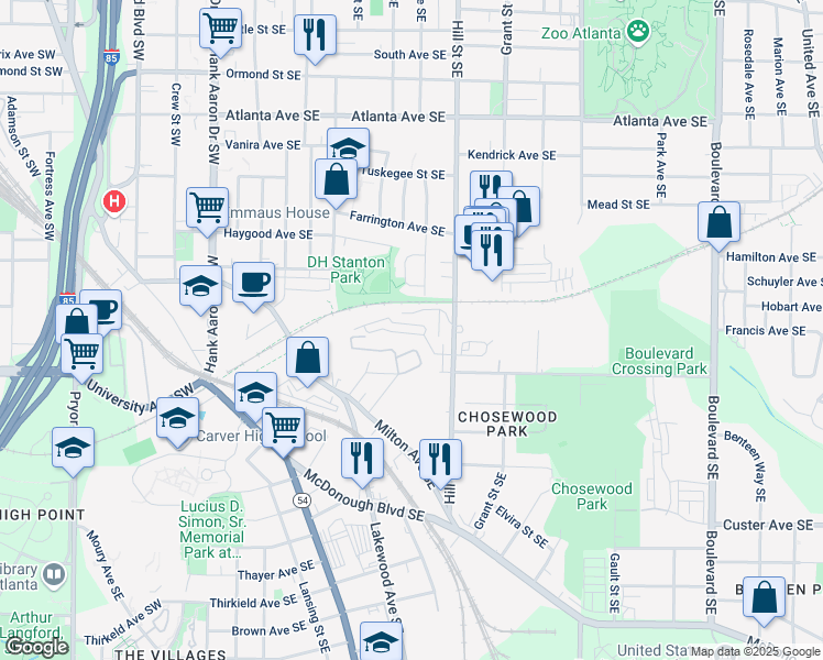map of restaurants, bars, coffee shops, grocery stores, and more near 357 Skylar Way Southeast in Atlanta