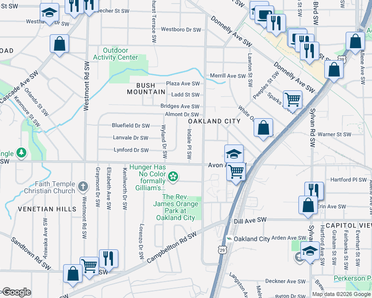 map of restaurants, bars, coffee shops, grocery stores, and more near 1171 Indale Place Southwest in Atlanta