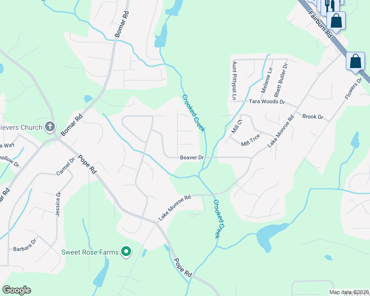 map of restaurants, bars, coffee shops, grocery stores, and more near 3190 Pritchard's Way in Douglasville