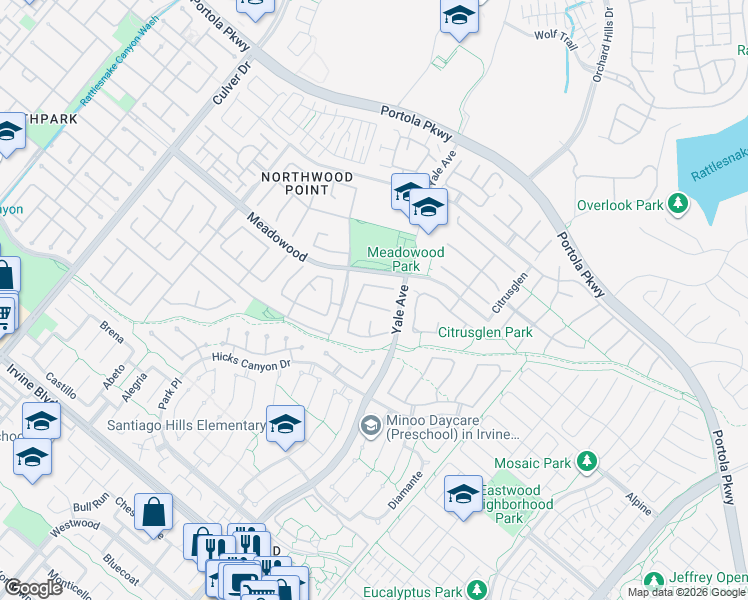 map of restaurants, bars, coffee shops, grocery stores, and more near 7 Bayleaf Lane in Irvine