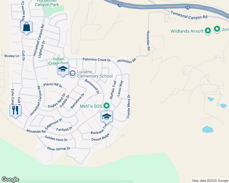 map of restaurants, bars, coffee shops, grocery stores, and more near 27298 Buffalo Trail in Corona