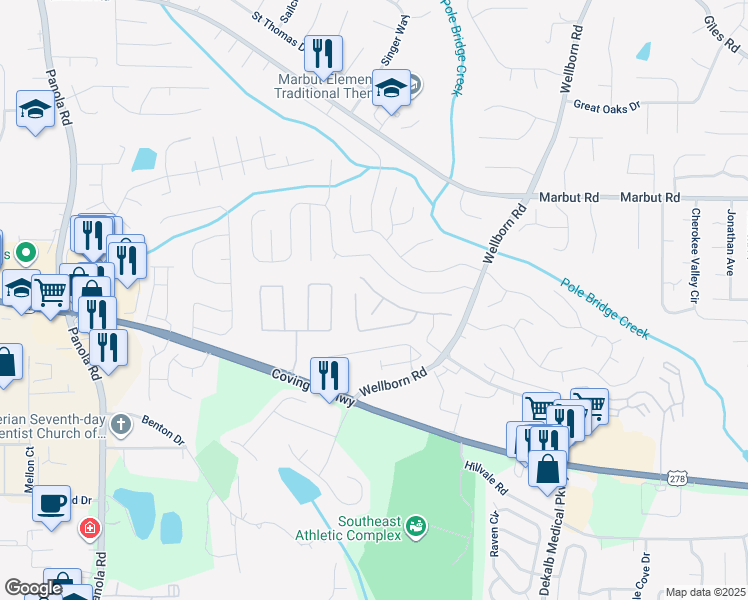 map of restaurants, bars, coffee shops, grocery stores, and more near 2177 Wind Gate Court in Lithonia