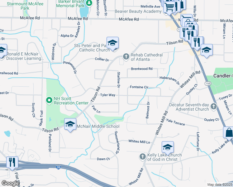 map of restaurants, bars, coffee shops, grocery stores, and more near 2265 Starline Drive in Decatur