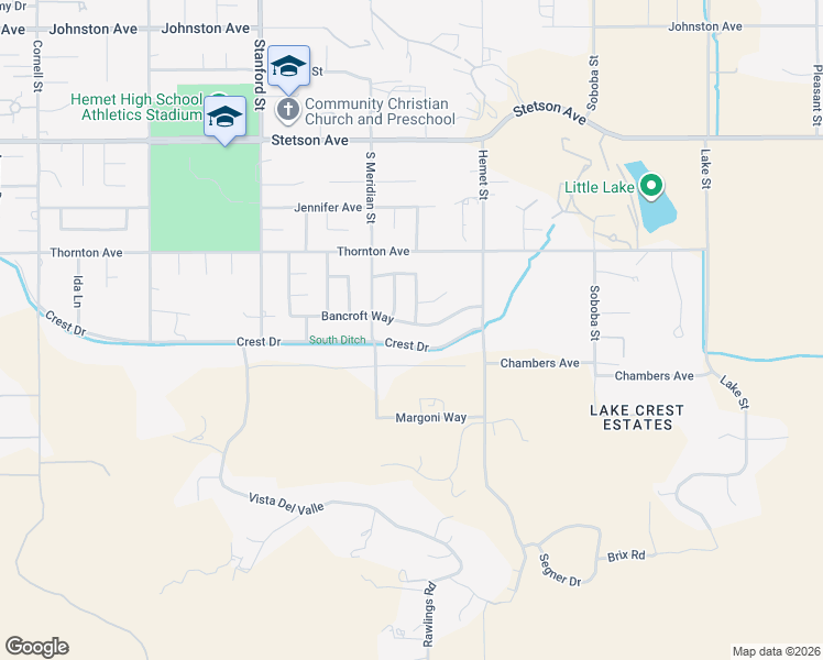 map of restaurants, bars, coffee shops, grocery stores, and more near 42091 Bancroft Way in Hemet