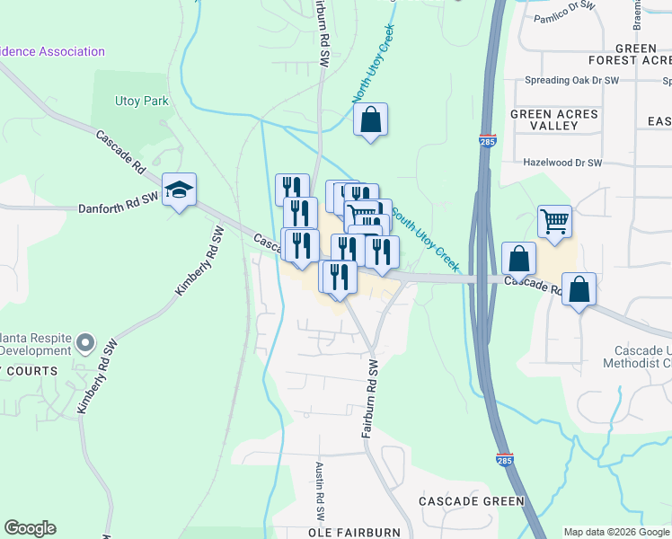 map of restaurants, bars, coffee shops, grocery stores, and more near 3724 Cascade Rd SW in Atlanta