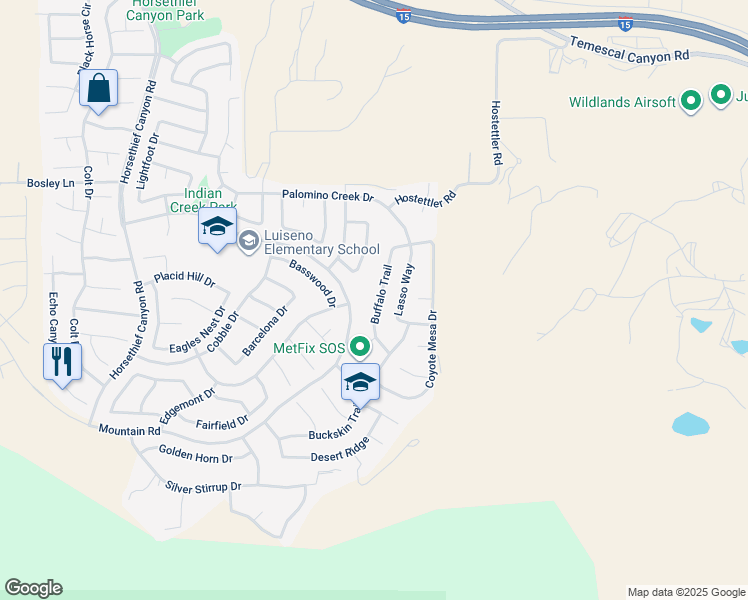 map of restaurants, bars, coffee shops, grocery stores, and more near 27305 Buffalo Trail in Corona