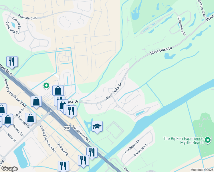map of restaurants, bars, coffee shops, grocery stores, and more near 549 River Oaks Drive in Myrtle Beach