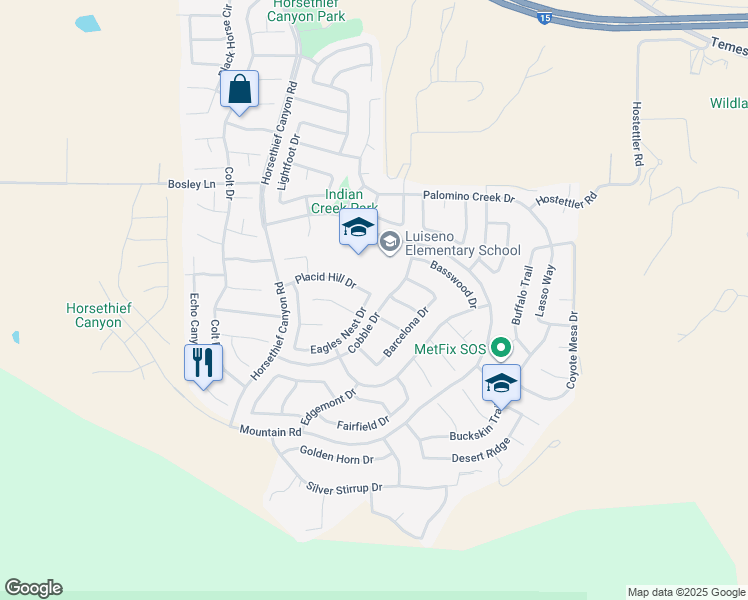 map of restaurants, bars, coffee shops, grocery stores, and more near 27292 Eagles Nest Drive in Corona