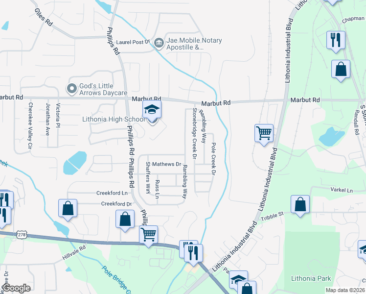 map of restaurants, bars, coffee shops, grocery stores, and more near 2221 Rambling Way in Lithonia
