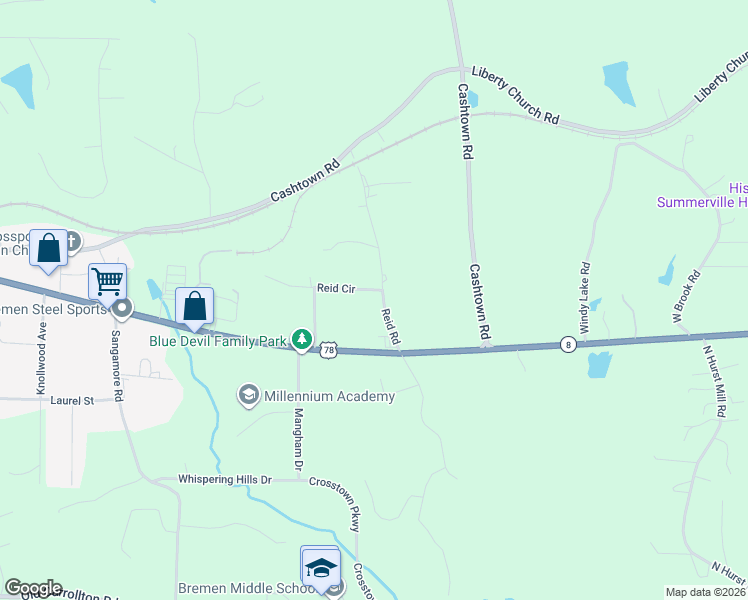 map of restaurants, bars, coffee shops, grocery stores, and more near 225 Reid Road in Bremen