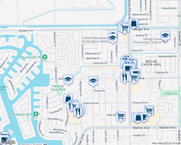 map of restaurants, bars, coffee shops, grocery stores, and more near in Huntington Beach