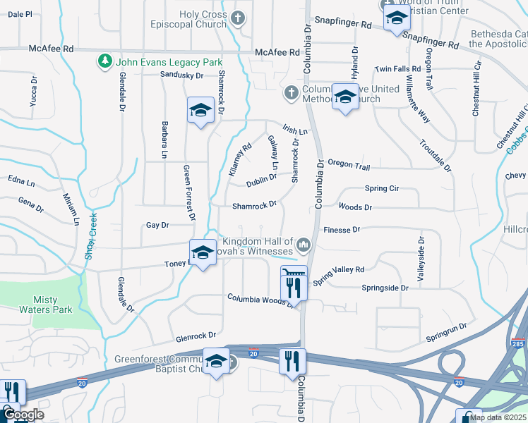 map of restaurants, bars, coffee shops, grocery stores, and more near 2315 Shamrock Drive in Decatur