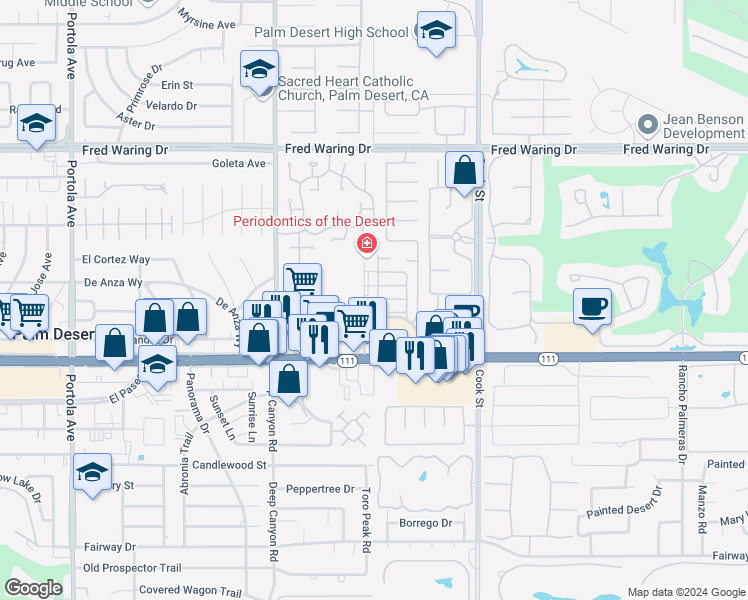 map of restaurants, bars, coffee shops, grocery stores, and more near 44-800 Village Court in Palm Desert
