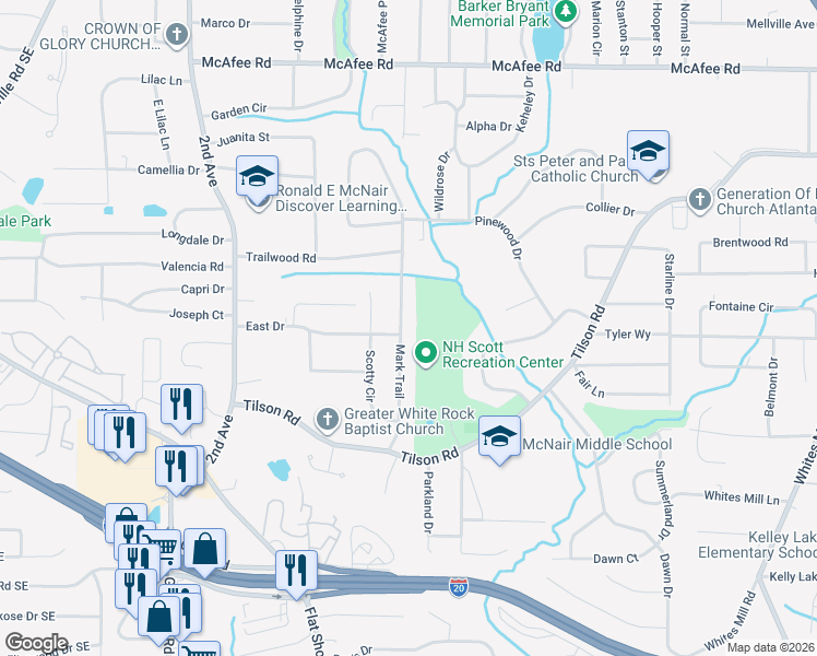 map of restaurants, bars, coffee shops, grocery stores, and more near 2277 Mark Trail in Decatur