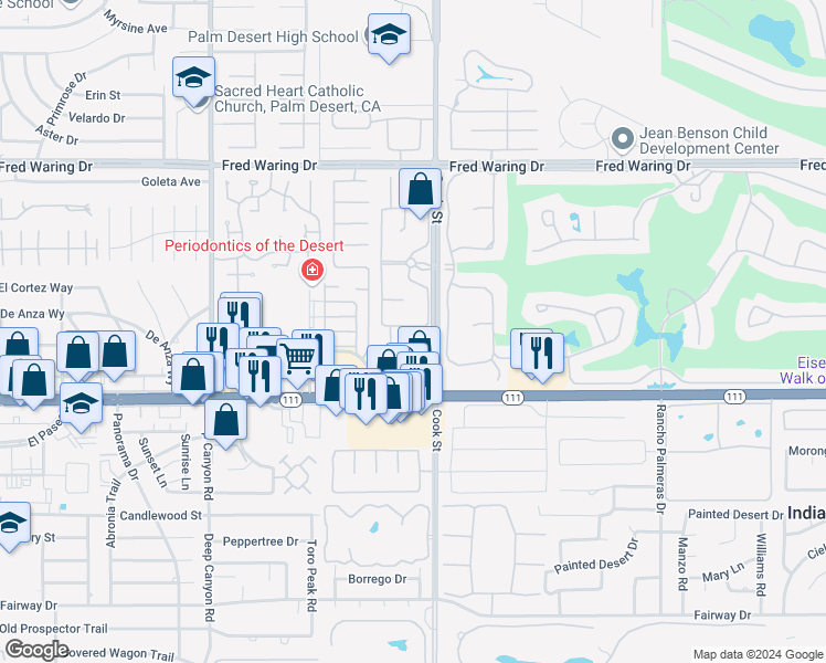 map of restaurants, bars, coffee shops, grocery stores, and more near 44275 Ontario Court in Indian Wells
