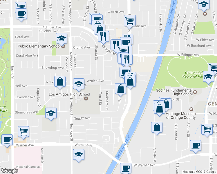 map of restaurants, bars, coffee shops, grocery stores, and more near 11819 Dogwood Avenue in Fountain Valley