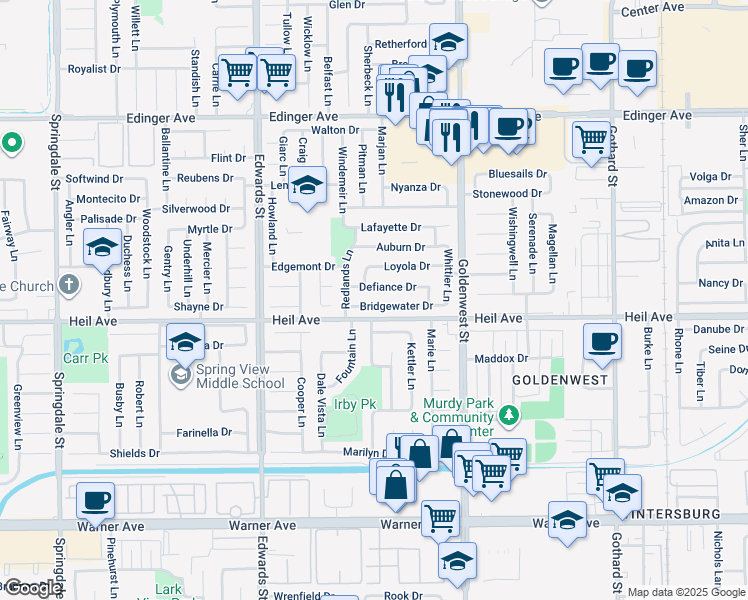 map of restaurants, bars, coffee shops, grocery stores, and more near 6781 Bridgewater Drive in Huntington Beach