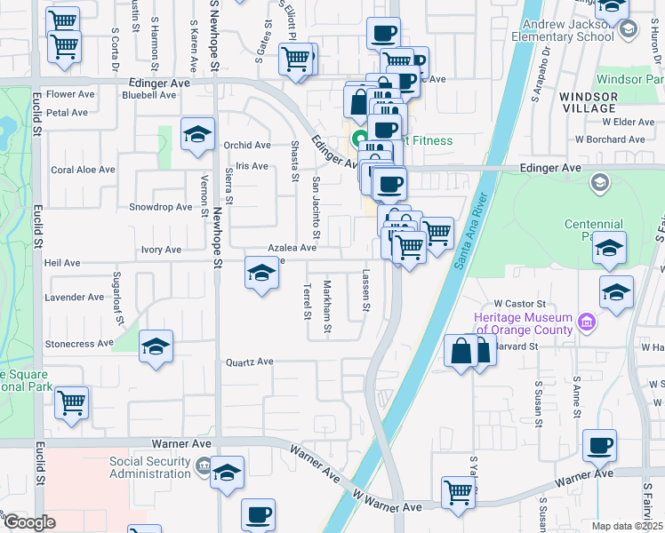 map of restaurants, bars, coffee shops, grocery stores, and more near 11819 Dogwood Avenue in Fountain Valley