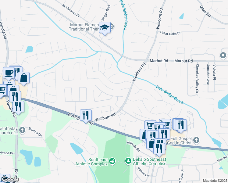 map of restaurants, bars, coffee shops, grocery stores, and more near 5779 Wellborn Creek Drive in Lithonia