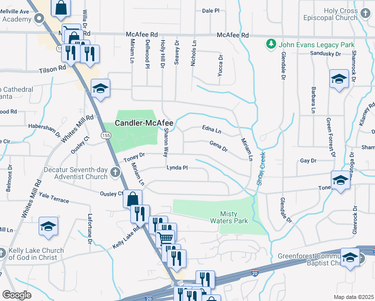 map of restaurants, bars, coffee shops, grocery stores, and more near 2896 Toney Drive in Decatur