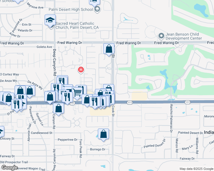 map of restaurants, bars, coffee shops, grocery stores, and more near 44275 Ontario Court in Indian Wells