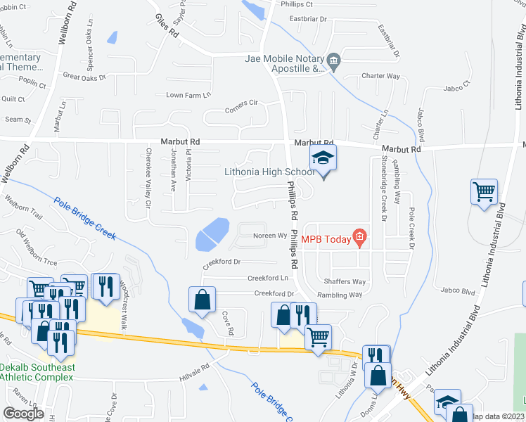 map of restaurants, bars, coffee shops, grocery stores, and more near 2214 Marbut Farms Trce in Lithonia