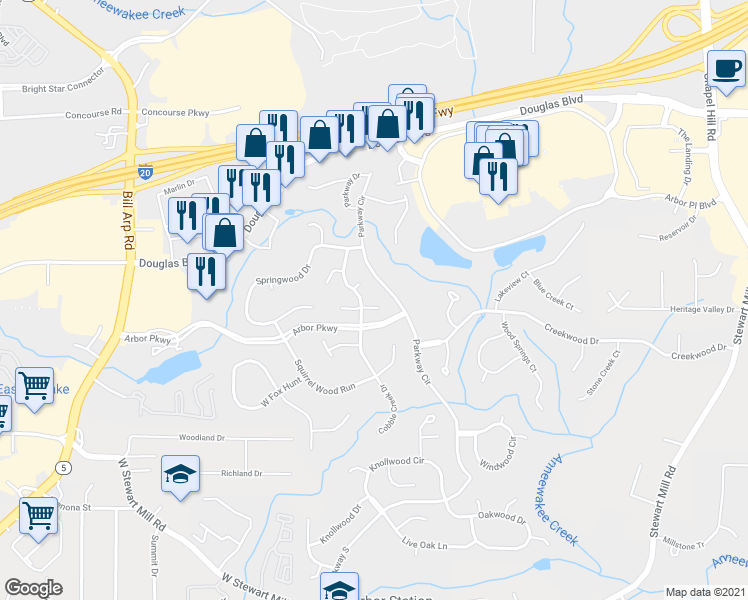 map of restaurants, bars, coffee shops, grocery stores, and more near 6788 East Woodridge Place in Douglasville