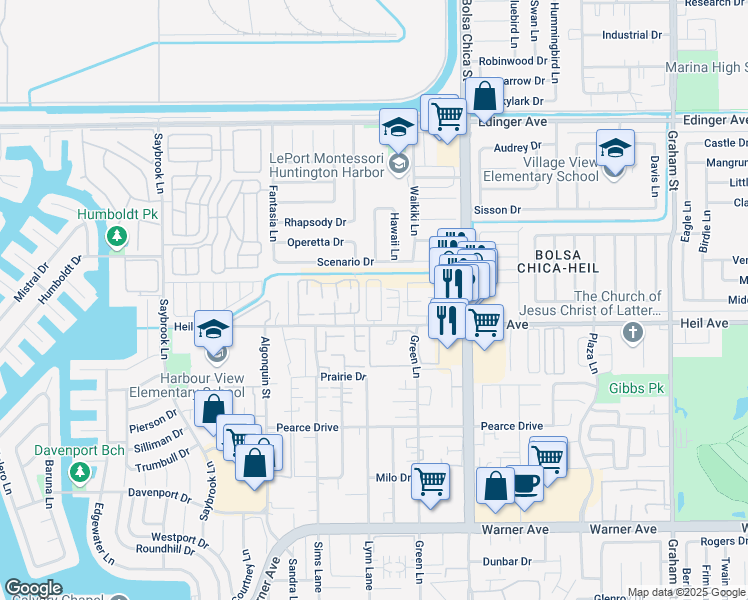 map of restaurants, bars, coffee shops, grocery stores, and more near 4841 Heil Avenue in Huntington Beach