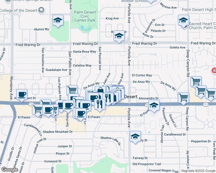 map of restaurants, bars, coffee shops, grocery stores, and more near 44725 San Luis Rey Avenue in Palm Desert