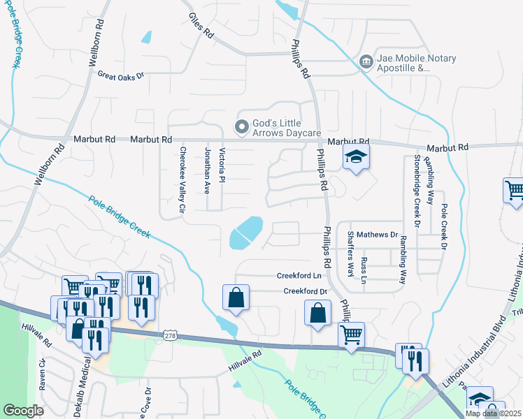 map of restaurants, bars, coffee shops, grocery stores, and more near 6223 Marbut Farms Lane in Lithonia