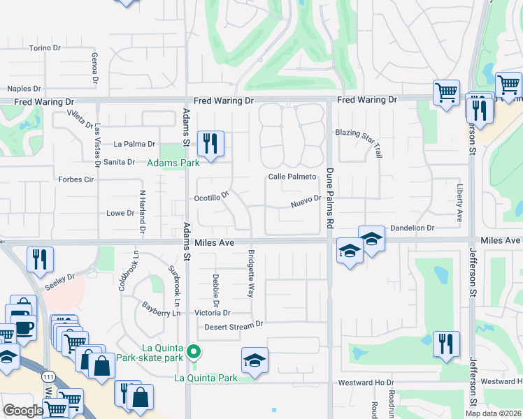 map of restaurants, bars, coffee shops, grocery stores, and more near 44815 Calle Placido in La Quinta