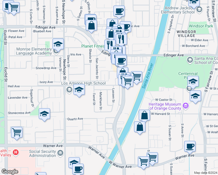 map of restaurants, bars, coffee shops, grocery stores, and more near 11879 Dogwood Avenue in Fountain Valley