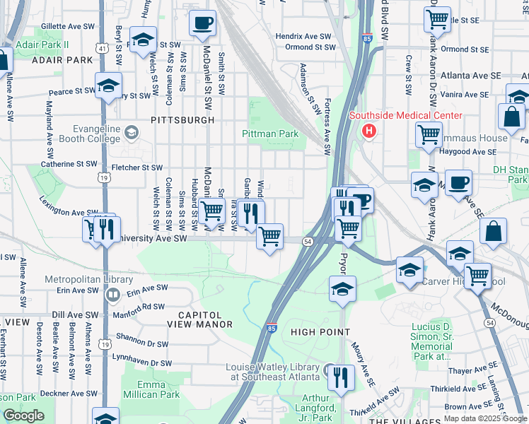 map of restaurants, bars, coffee shops, grocery stores, and more near 1162 Booker Avenue Southwest in Atlanta