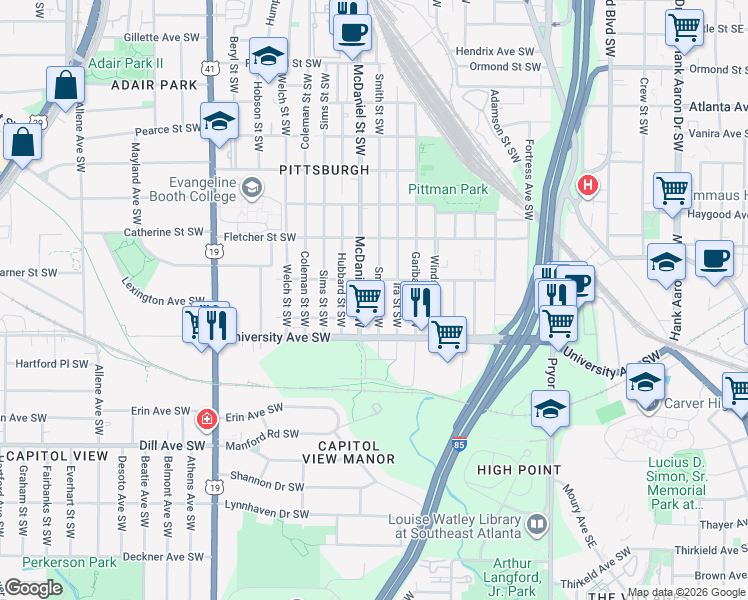 map of restaurants, bars, coffee shops, grocery stores, and more near 1164 Smith Street Southwest in Atlanta
