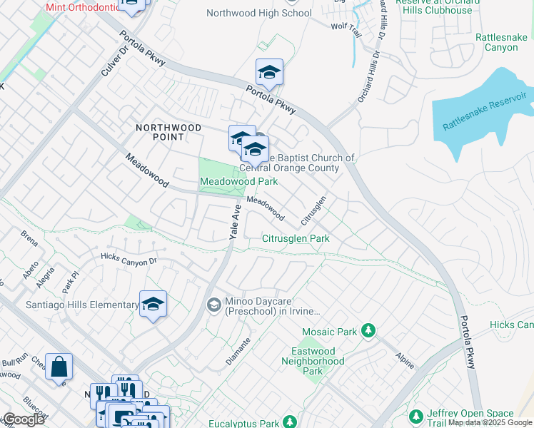map of restaurants, bars, coffee shops, grocery stores, and more near 3 New Dawn in Irvine