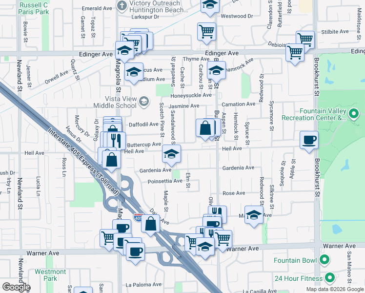 map of restaurants, bars, coffee shops, grocery stores, and more near 9330 Heather Avenue in Fountain Valley