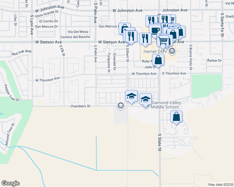 map of restaurants, bars, coffee shops, grocery stores, and more near 1442 Tobago Drive in Hemet
