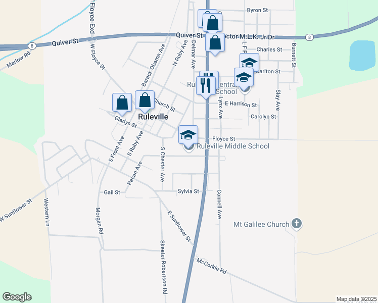 map of restaurants, bars, coffee shops, grocery stores, and more near 250 Oscar Street in Ruleville