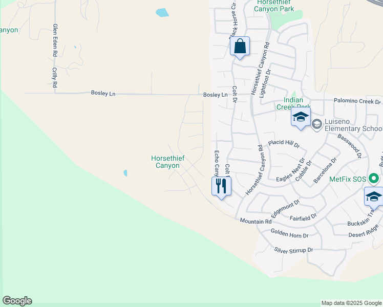 map of restaurants, bars, coffee shops, grocery stores, and more near 27234 Denali Court in Corona