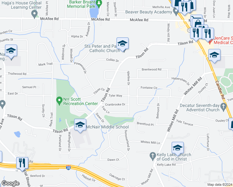 map of restaurants, bars, coffee shops, grocery stores, and more near 2386 Tyler Way in Decatur