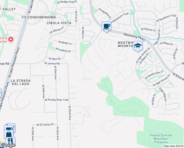 map of restaurants, bars, coffee shops, grocery stores, and more near 26702 North 90th Lane in Peoria