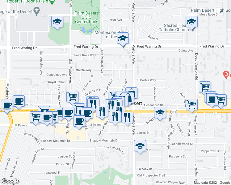 map of restaurants, bars, coffee shops, grocery stores, and more near 44815 San Jose Avenue in Palm Desert